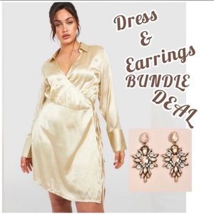Boohoo PLUS WRAP SILK DRESS & RHINESTONE EARRINGS